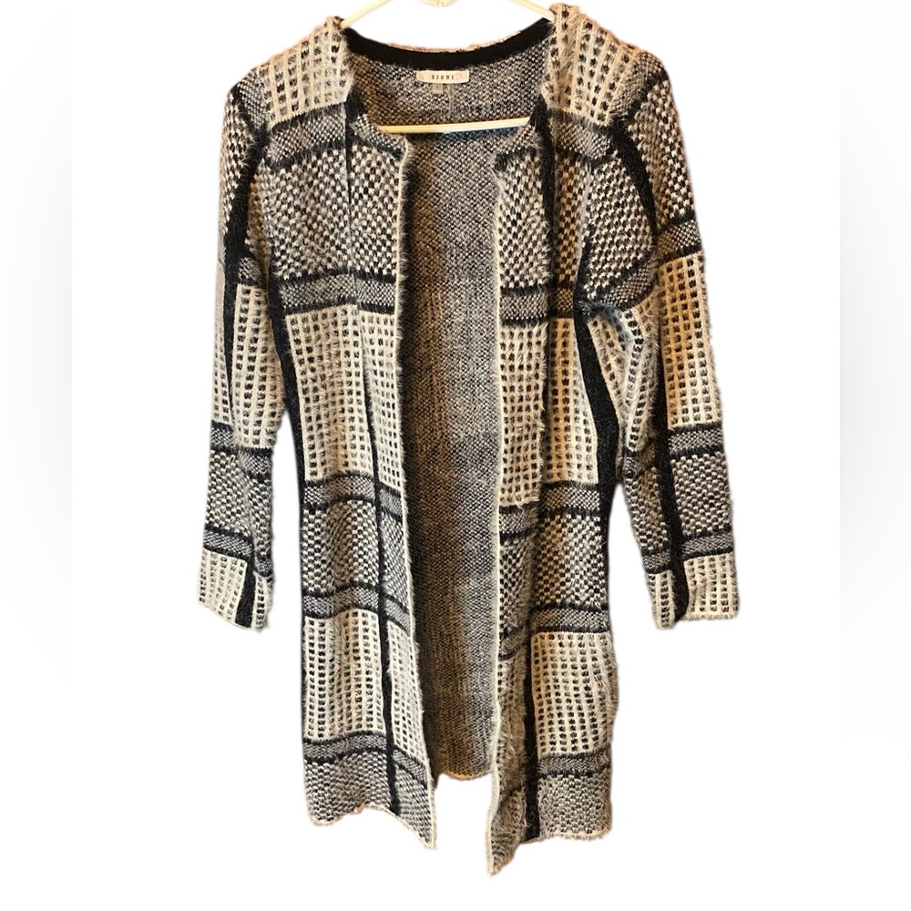 Sioni Black Cream Grid Knit Cardigan Large Cozy Neutral Layering